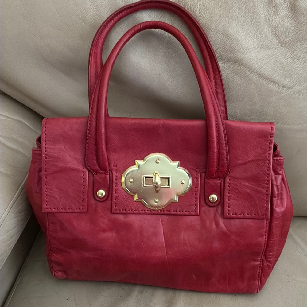 Red Leather Top-Handle Satchel with Gold Turn-Lock